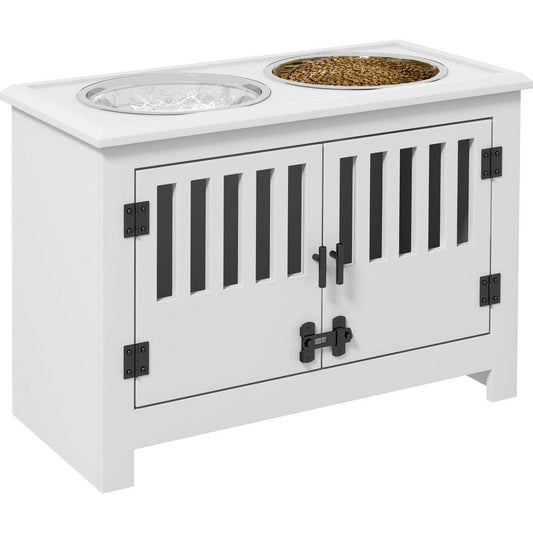 Large Elevated Dog Bowls with Storage Cabinet Containing Large 37L Capacity, Raised Dog Bowl Stand Pet Food Bowl Dog Feeding Station, White