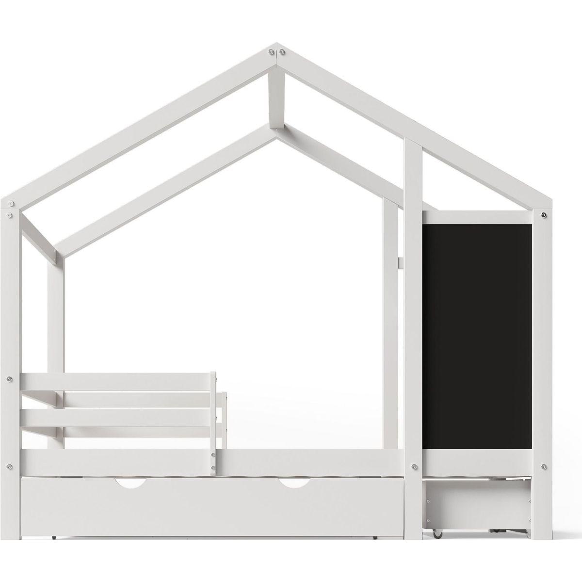 Twin House Bed with Blackboard and Drawers, Two assembly options, White