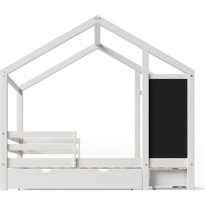 Twin House Bed with Blackboard and Drawers, Two assembly options, White