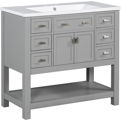 36" Bathroom Vanity with Top Sink, Modern Mirror Cabinet with Towels Bar, Bathroom Storage Cabinet with 2 Soft Closing Doors and 6 Drawers, Single Sink Bathroom Vanity