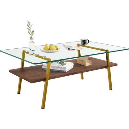 Rectangle Coffee Table, Tempered Glass Tabletop with Gold Metal Legs, Modern Table for Living Room, Transparent Glass