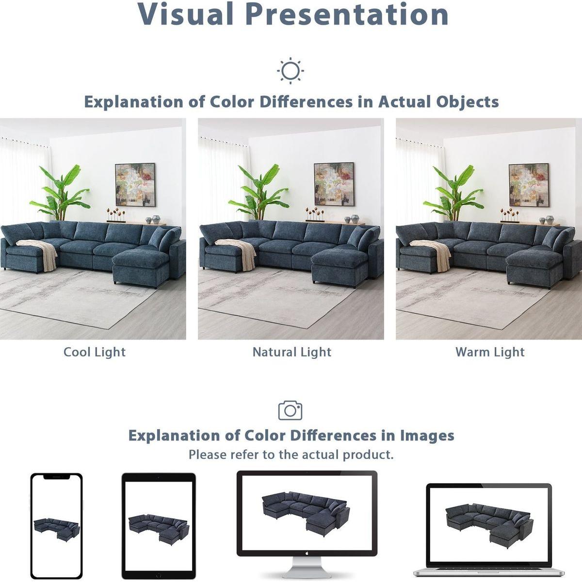 130x65" Modern Modular Cloud Sofa Bed, 6 Seat Chenille Sectional Couch Set with Ottoman,Free Combination,Convertible U Shaped Sleeper Sofa for Living Room, Apartment, 3 Colors