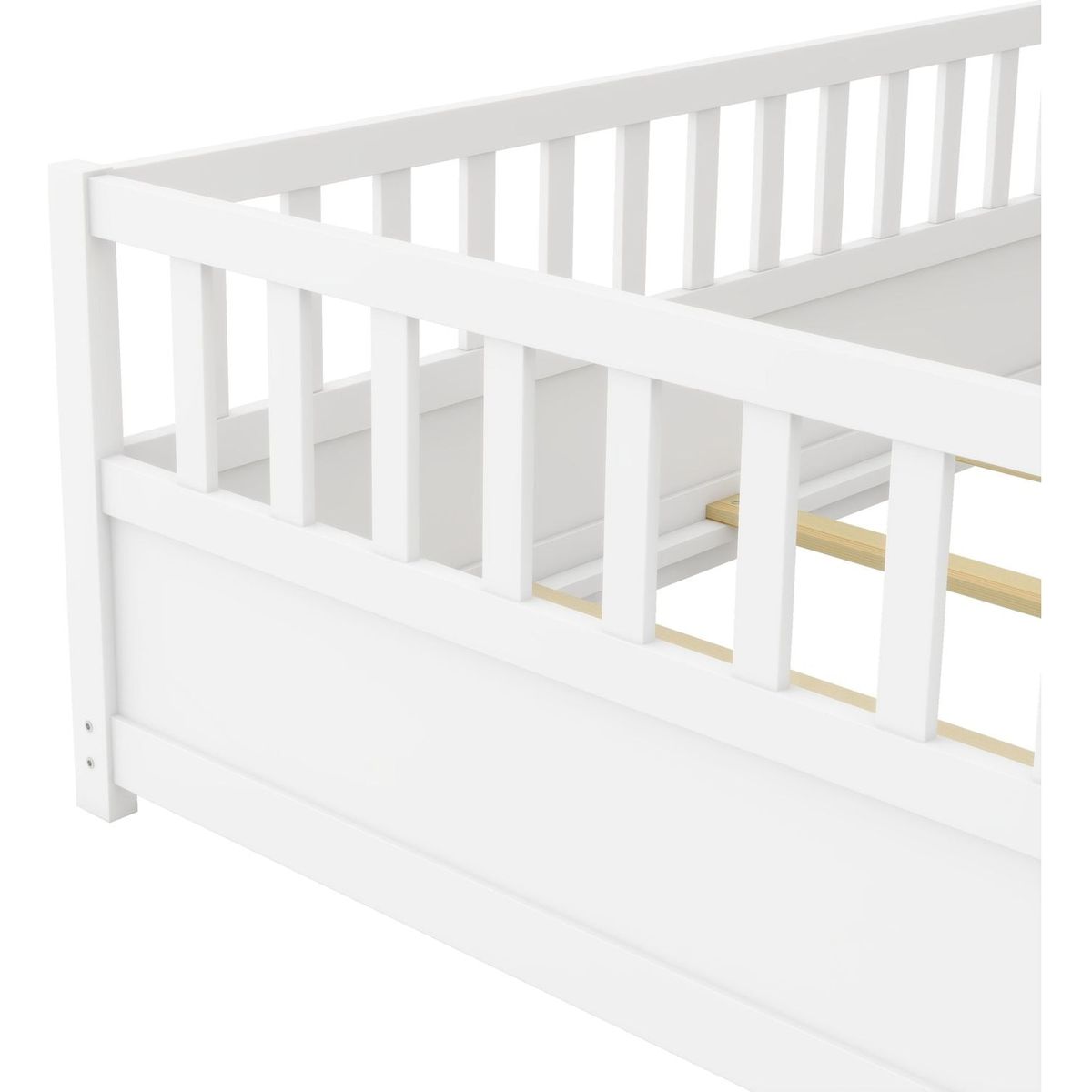 Twin Size Floor bed, integral construction with super high security barrier, door, children's floor bed frame, Montessori wooden children's floor bed, Support slat white