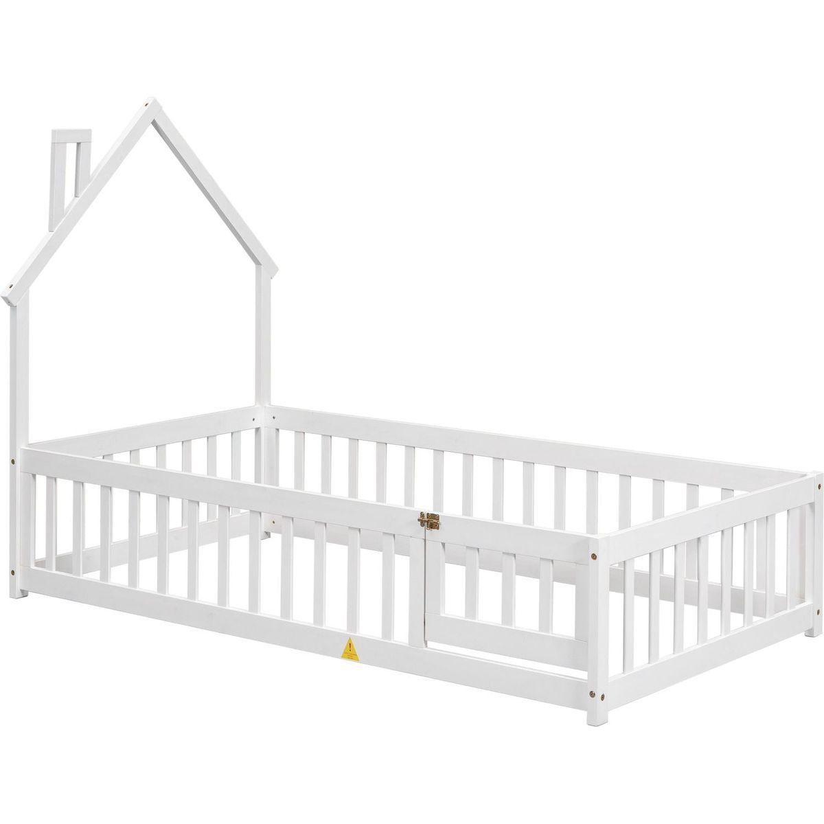 Twin House-Shaped Headboard Floor Bed with Fence,White