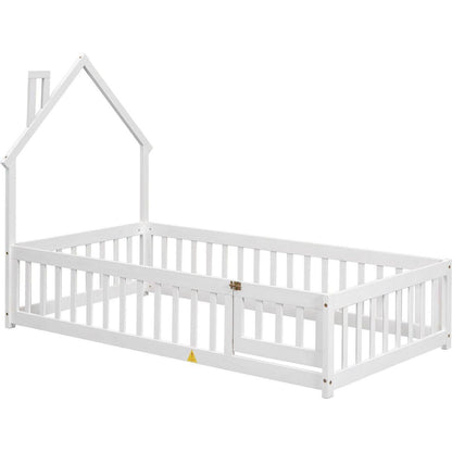 Twin House-Shaped Headboard Floor Bed with Fence,White
