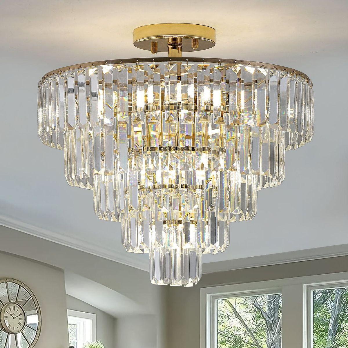 Gold Crystal Chandeliers,5-Tier Round Semi Flush Mount Chandelier Light Fixture,Large Contemporary Luxury Ceiling