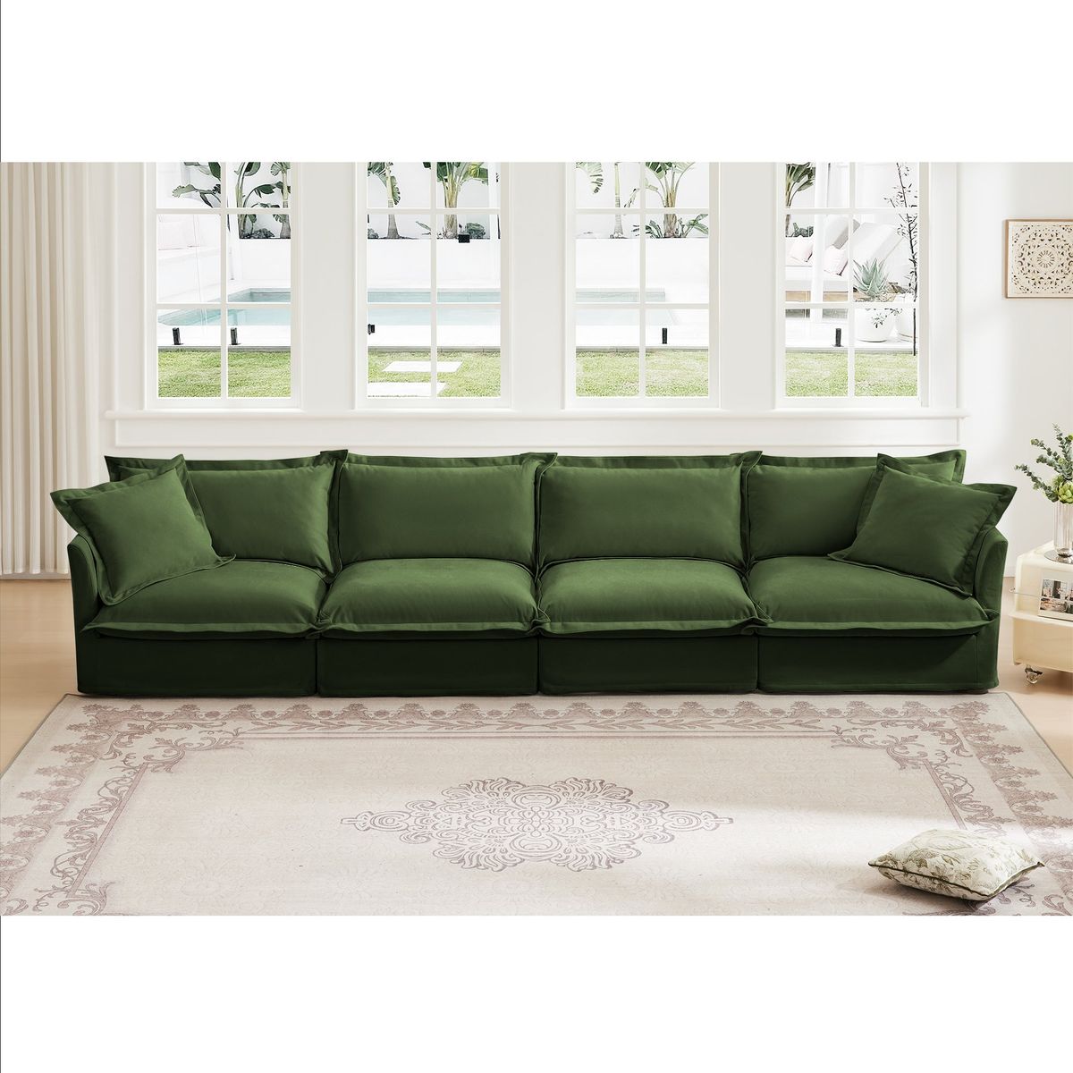 Slipcovered Long Sofa, 4 Seater Sofa with Removable Cover, Extra Deep Couch for Living Room, ,Chenille Fabric Cloud Like Comfy Sofa Couch, Green Chenille Fabric