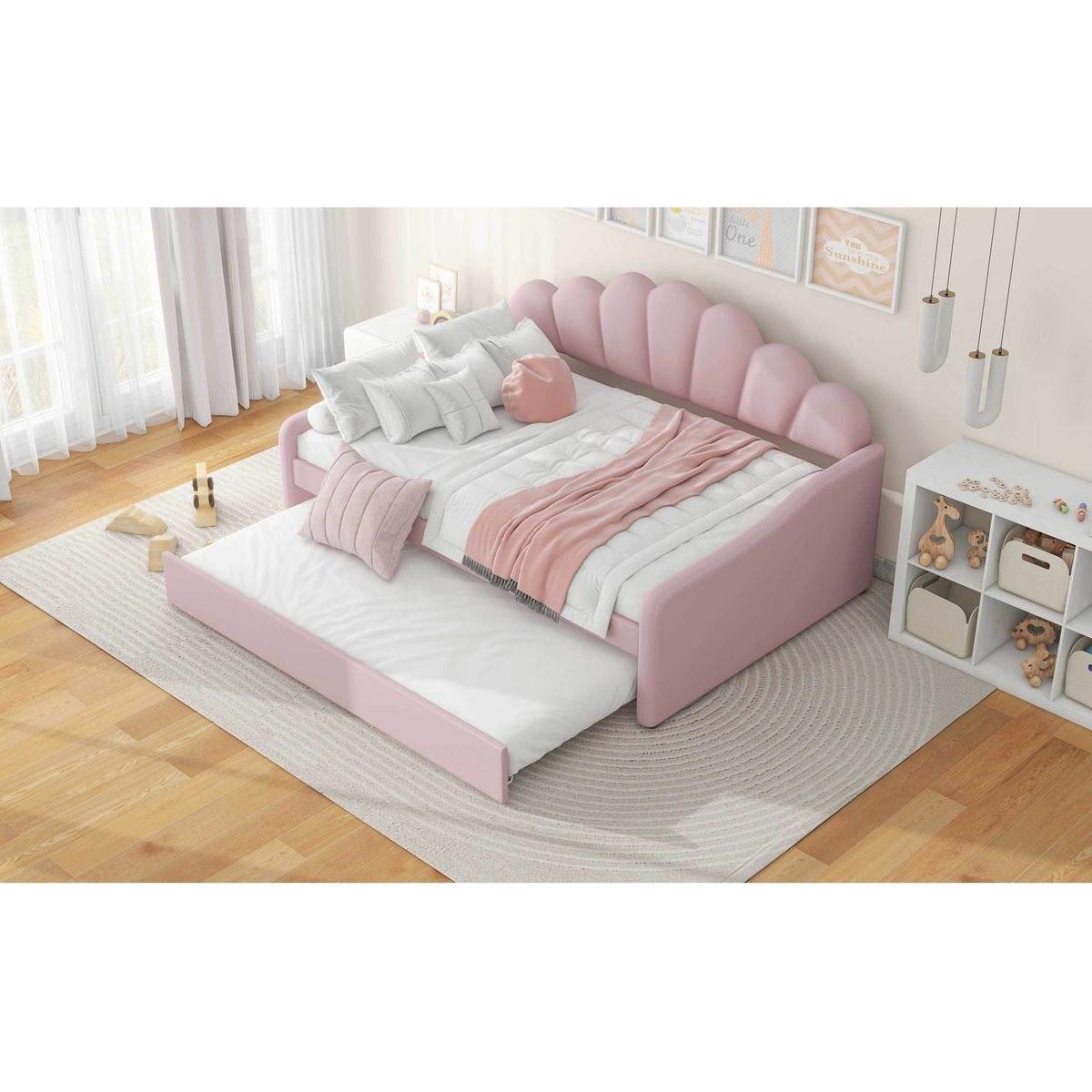 Full Size Upholstery Daybed Frame with Shall Shaped Backrest and Trundle,Pink
