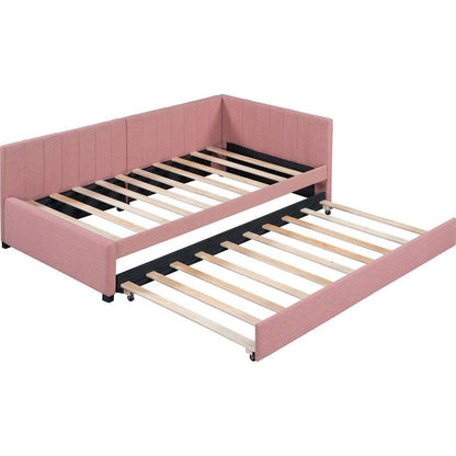 Upholstered Daybed with Trundle Twin Size Sofa Bed Frame No Box Spring Needed, Linen Fabric(Pink)