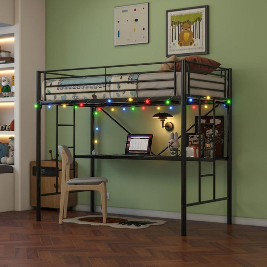 Twin Metal Loft Bed with Desk, Power Outlet and LED Lighted, Safety Guard & Ladder, No Box Spring Needed, Black