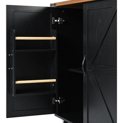 54.5" Farmhouse Kitchen Island with Power Outlet, Kitchen Storage Island with Internal Storage Rack, Drop Leaf, Spice Rack, Rolling Kitchen Cart on Wheels, for Home, Kitchen and Dining Room,Black