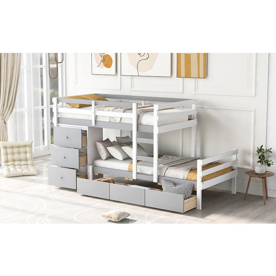 Twin over Twin Loft Bunk Bed with Drawers and Ladder, Gray