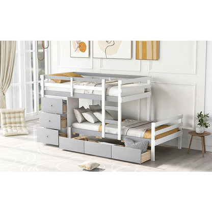 Twin over Twin Loft Bunk Bed with Drawers and Ladder, Gray