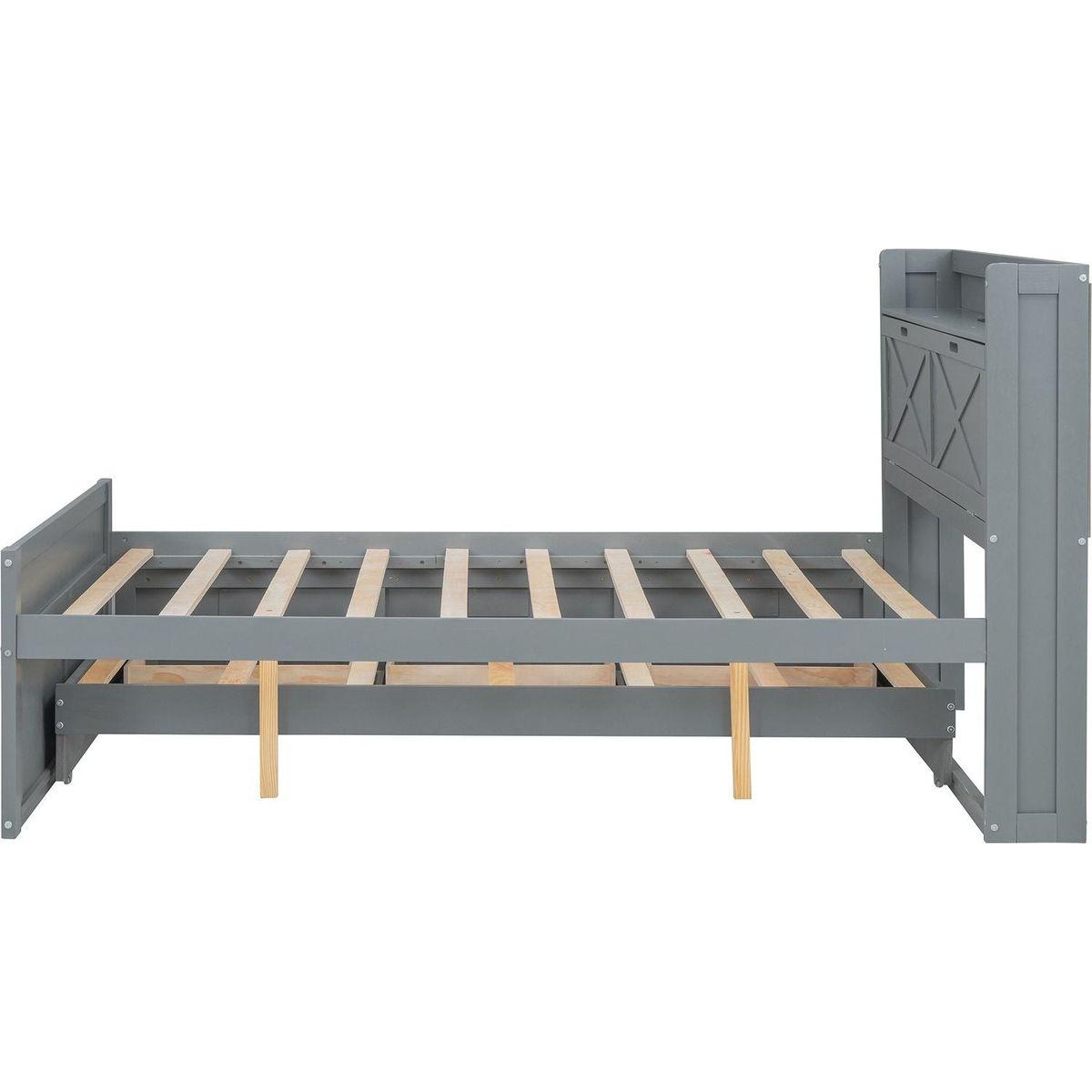 Full Size Wooden Bed with Storage Headboard with Outlets, Extendable Bed with Twin Size Trundle with Three Storage Drawers,Gray