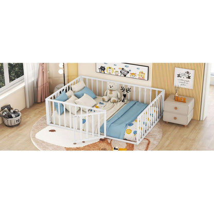 Full Size Metal Floor Bed Frame with Fence and Door, White