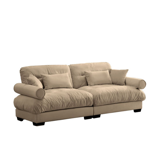 Modern Velvet Two-Seater Sofa with Bolstered Armrests and Pillows, Camel
