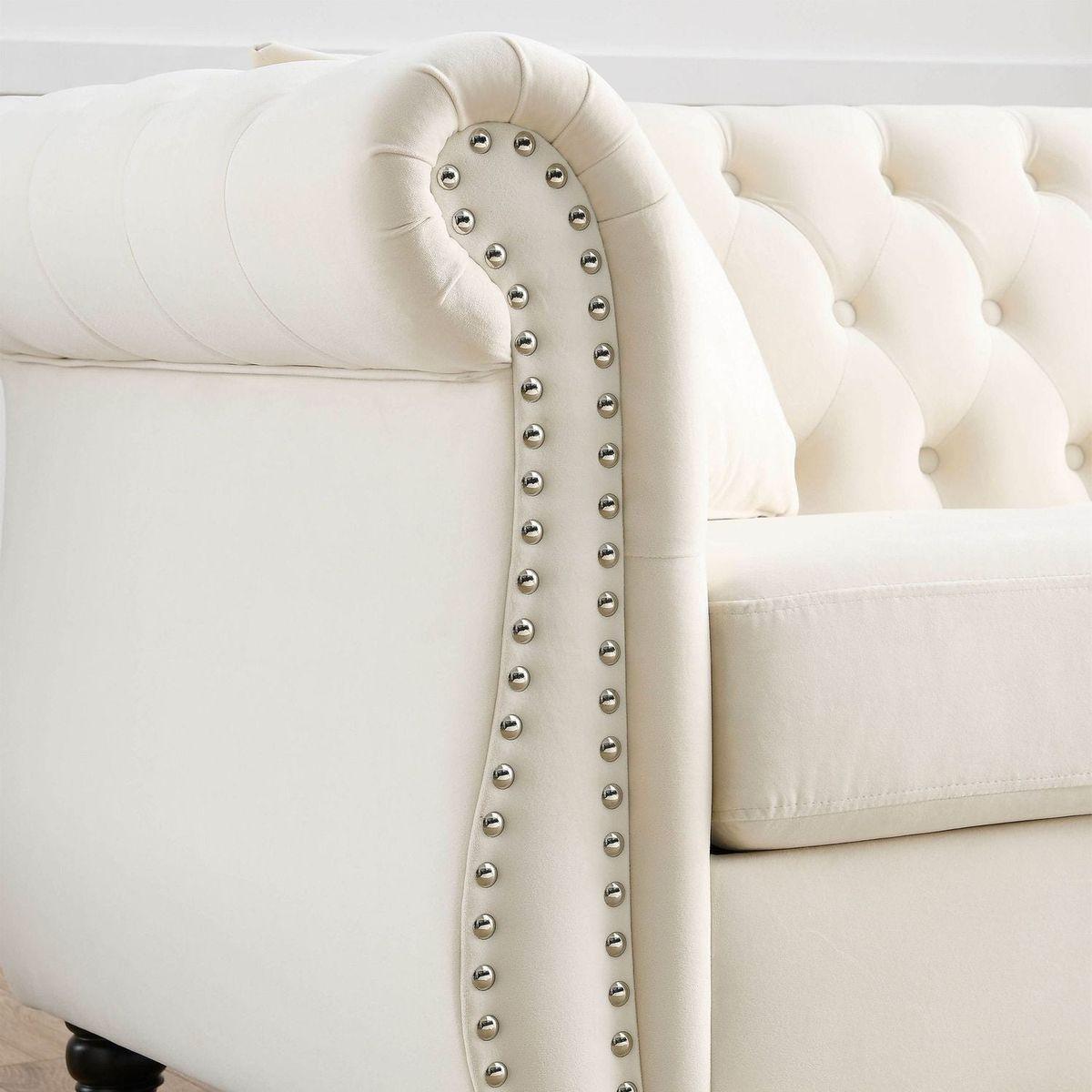 80" Chesterfield Sofa Beige Velvet for Living Room, 3 Seater Sofa Tufted Couch with Rolled Arms and Nailhead for Living Room, Bedroom, Office, Apartment, two pillows
