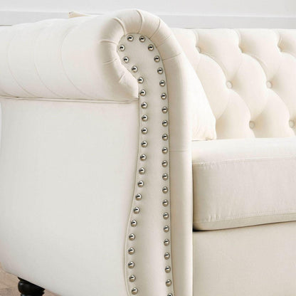 80" Chesterfield Sofa Beige Velvet for Living Room, 3 Seater Sofa Tufted Couch with Rolled Arms and Nailhead for Living Room, Bedroom, Office, Apartment, two pillows