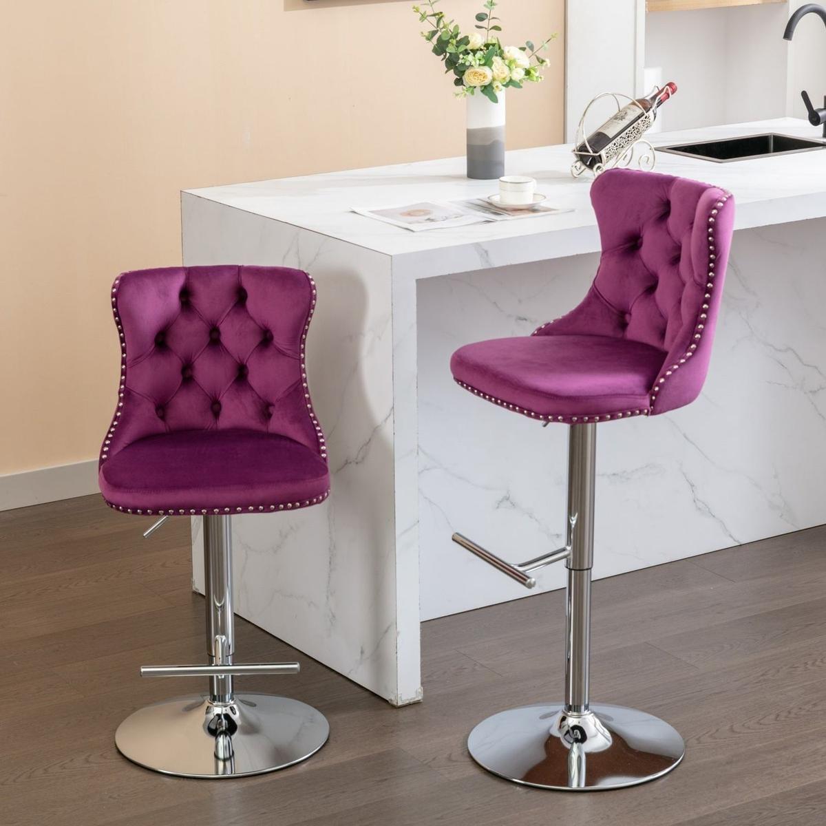 Swivel Velvet Barstools Adjusatble Seat Height from 25-33 Inch, Chrome base Bar Stools with Backs Comfortable Tufted for Home Pub and Kitchen Island, Purple,Set of 2