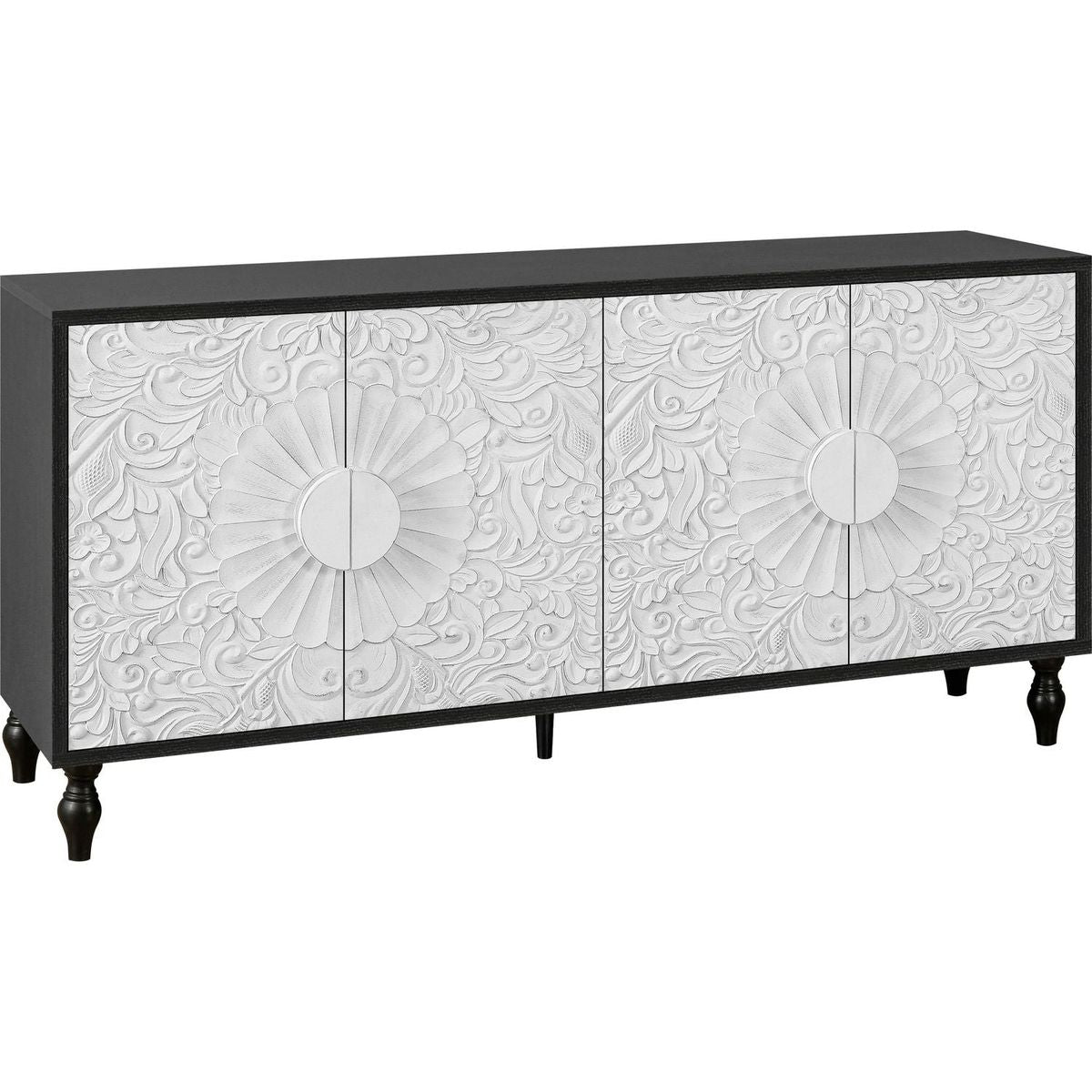 Vintage White Large Faceted Carved And Spliced Doors Combined With Black Frames For TV Stand Table,Sideboards, Accent Cabinets