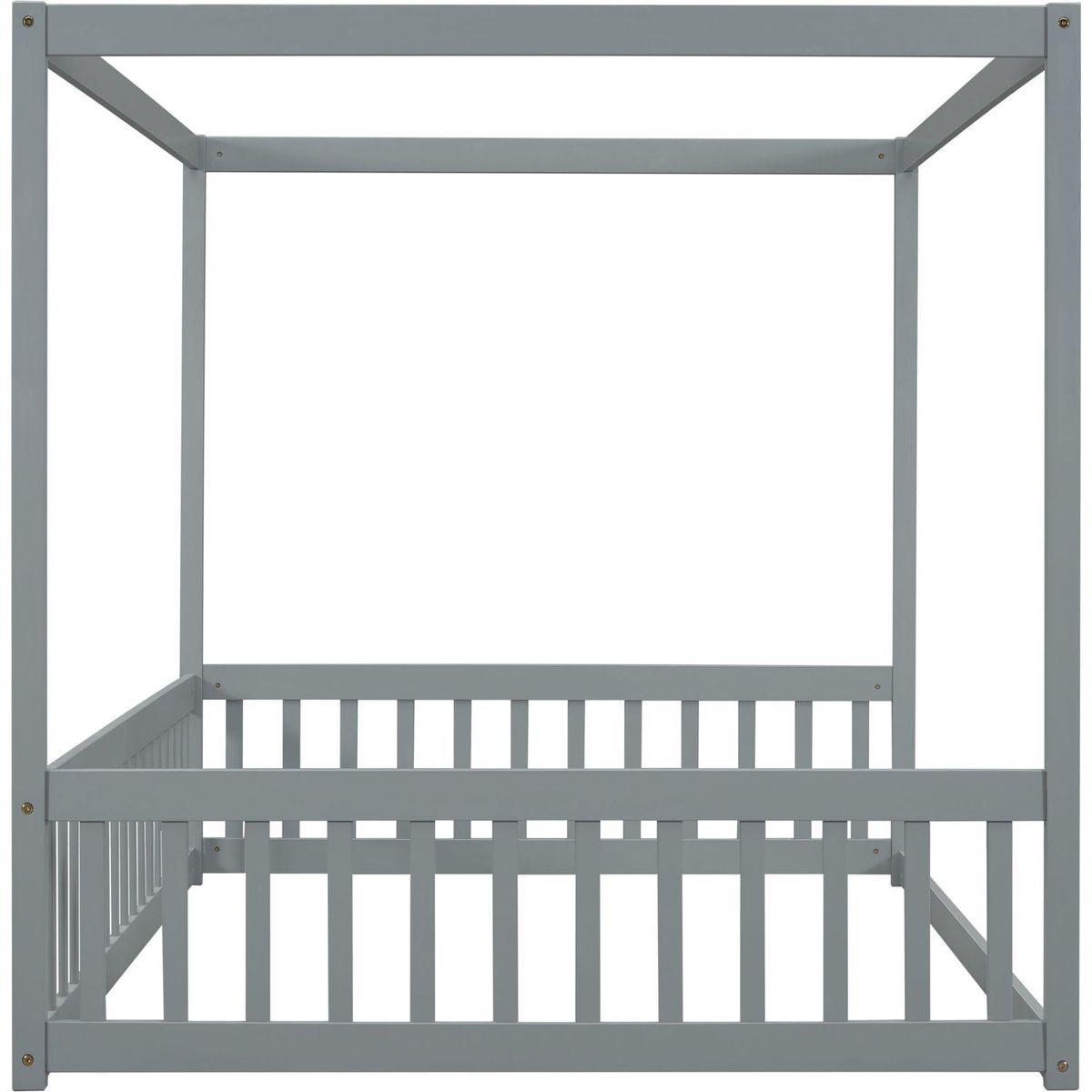 Full Size Canopy Frame Floor Bed with Fence, Guardrails,Grey