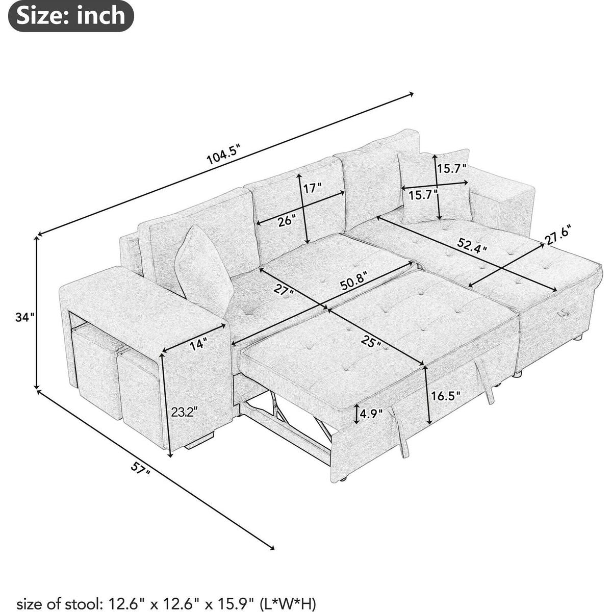 104" Modern L-Shape 3 Seat Reversible Sectional Couch, Pull Out Sleeper Sofa with Storage Chaise and 2 Stools for Living Room Furniture Set, Charcoal Grey - Streamdale Furniture