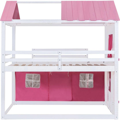 Full Size Bunk Wood House Bed with Elegant Windows, Sills and Tent, Pink+White