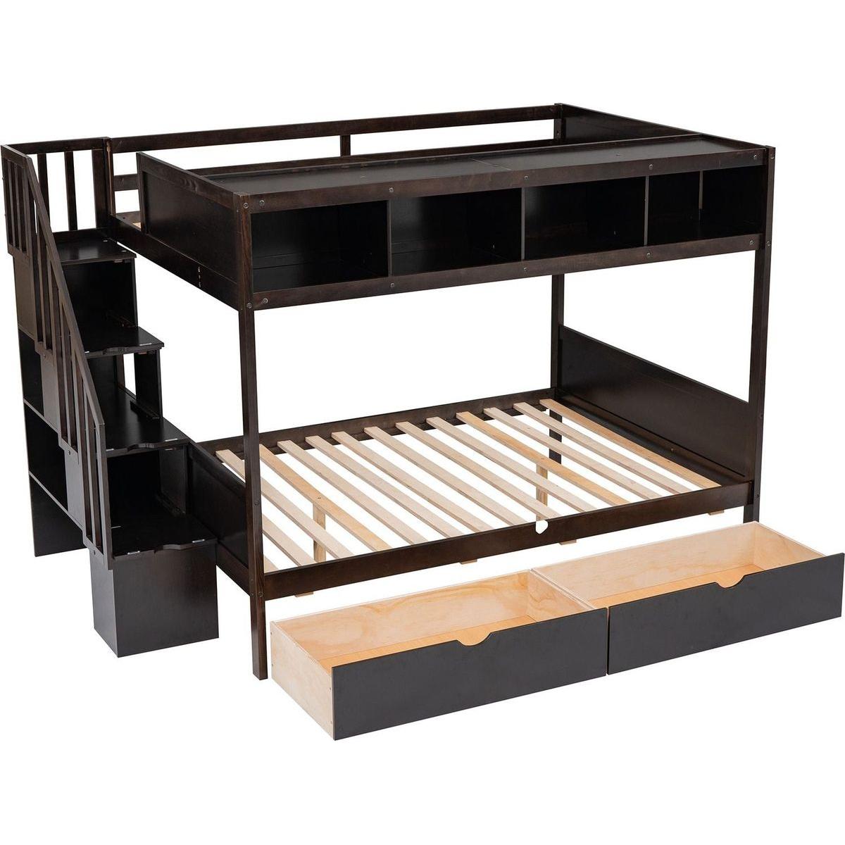 Twin over Full Bunk Bed with Shelfs, Storage Staircase and 2 Drawers, Espresso