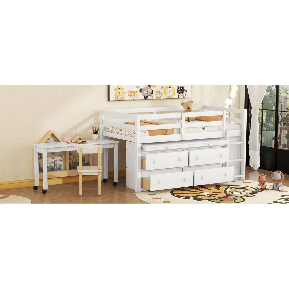 Twin Size Loft Bed with Retractable Writing Desk and 4 Drawers, Wooden Loft Bed with Lateral Portable Desk and Shelves, White