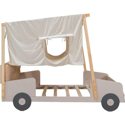 Wood Full Size Car Bed with Pillow, Ceiling Cloth and LED, Natural