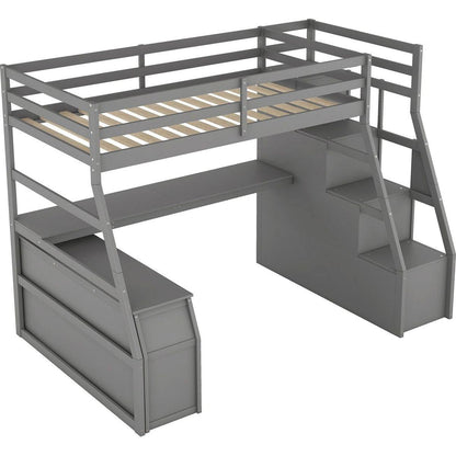 Twin Size Loft Bed with 7 Drawers 2 Shelves and Desk - Gray