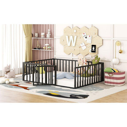 Full Size Metal Floor Bed Frame with Fence and Door, Black