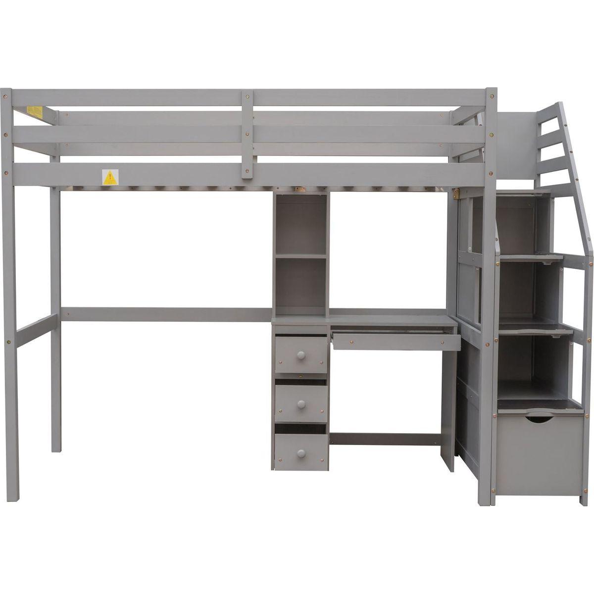 Twin Size Loft Bed with a Stand-alone Bed, Storage Staircase, Desk, Shelves and Drawers, Gray