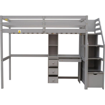 Twin Size Loft Bed with a Stand-alone Bed, Storage Staircase, Desk, Shelves and Drawers, Gray