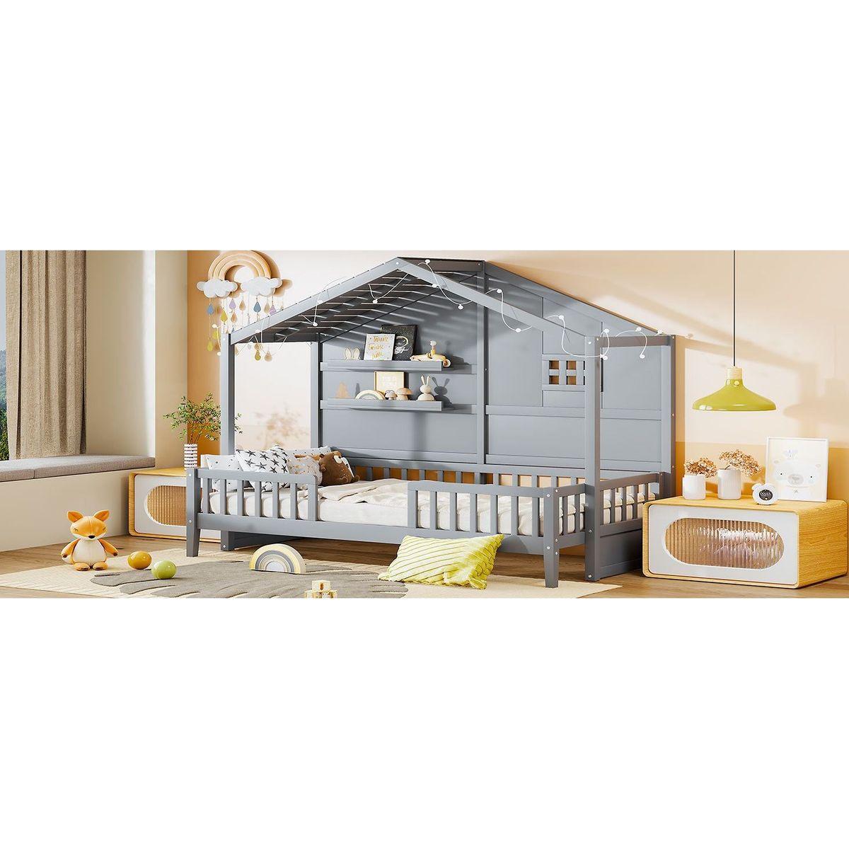 Twin Size House Bed with Shelves, House Bed with Window and Sparkling Light Strip on the Roof, Gray
