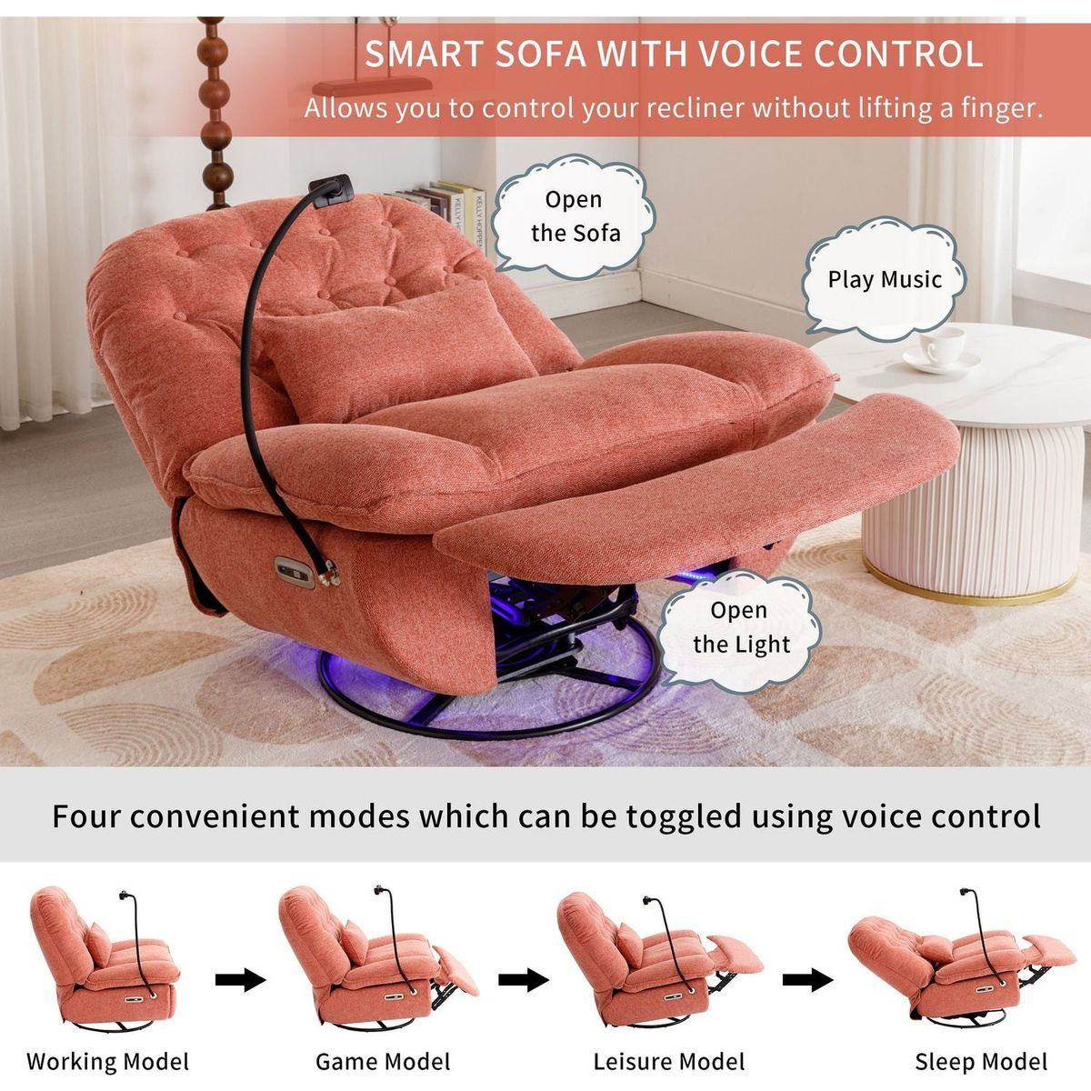 270 Degree Swivel Power Recliner with Voice Control, Bluetooth Music Player,USB Ports, Atmosphere Lamp, Hidden Arm Storage and Mobile Phone Holder for Living Room, Bedroom, Apartment, Red