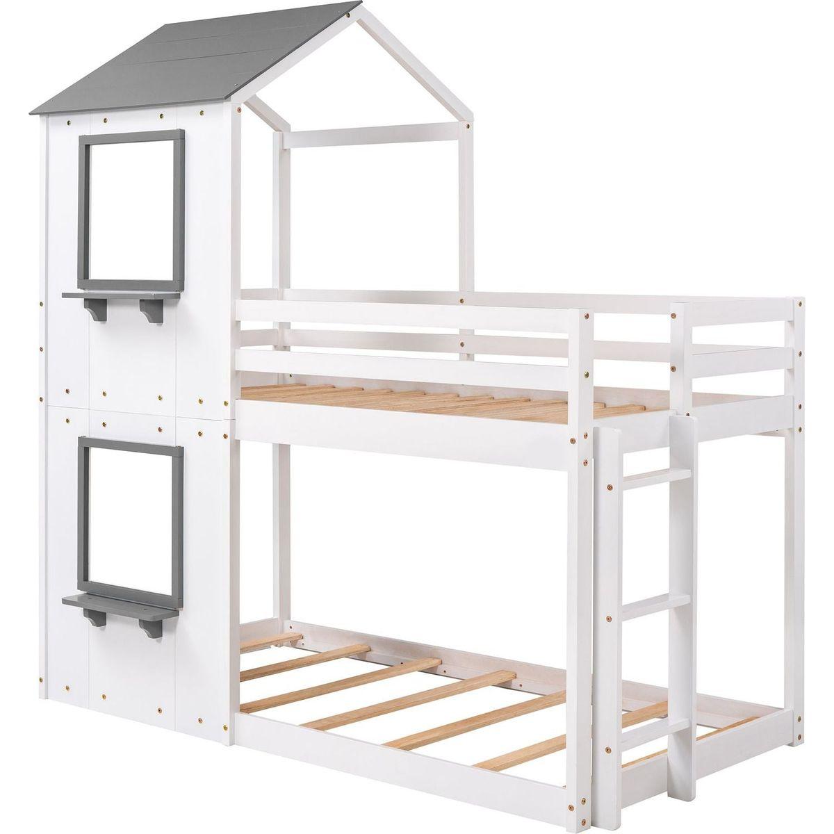 Twin Over Twin Bunk Bed Wood Bed with Roof, Window, Guardrail, Ladder (White)