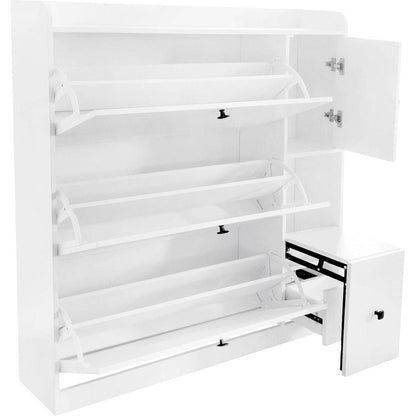 Versatile Shoe Cabinet with 3 Flip Drawers, Maximum Storage Entryway Organizer with Drawer, Free Standing Shoe Rack with Pull-down Seat for Hallway, White