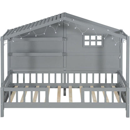 Twin Size House Bed with Shelves, House Bed with Window and Sparkling Light Strip on the Roof, Gray