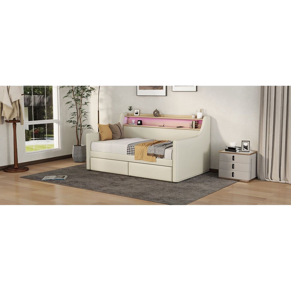Twin Size Daybed with Storage Drawers, Upholstered Daybed with Charging Station and LED Lights, Beige