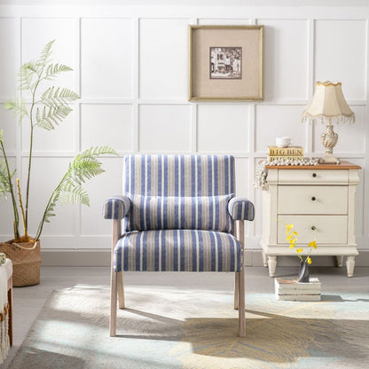 Accent chair, KD rubber wood legs with black finish. Fabric cover the seat. With a cushion.Blue Stripe