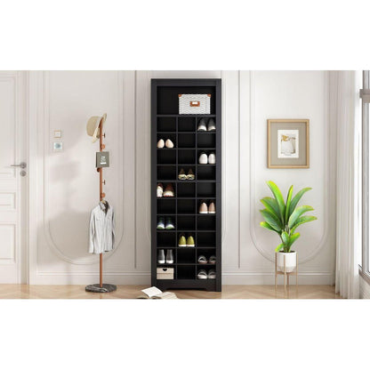 Stylish Design 30 Shoe Cubby Console, Contemporary Shoe Cabinet with Multiple Storage Capacity, Free Standing Tall Cabinet with Versatile Use for Hallway, Bedroom, Black