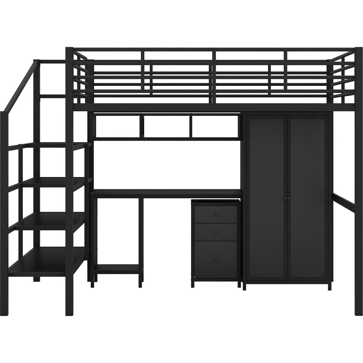 Metal Loft Bed With table set and wardrobe, Full, Black