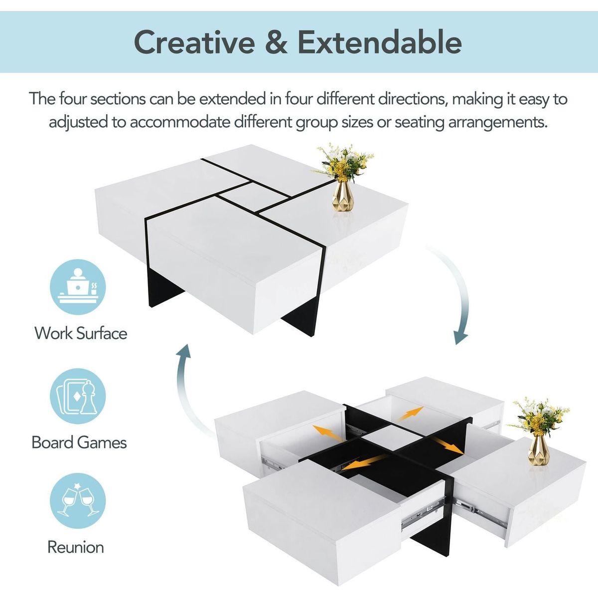 Unique Design Coffee Table with 4 Hidden Storage Compartments, Square Cocktail Table with Extendable Sliding Tabletop, UV High-gloss Design Center Table for Living Room, 31.5"x 31.5"
