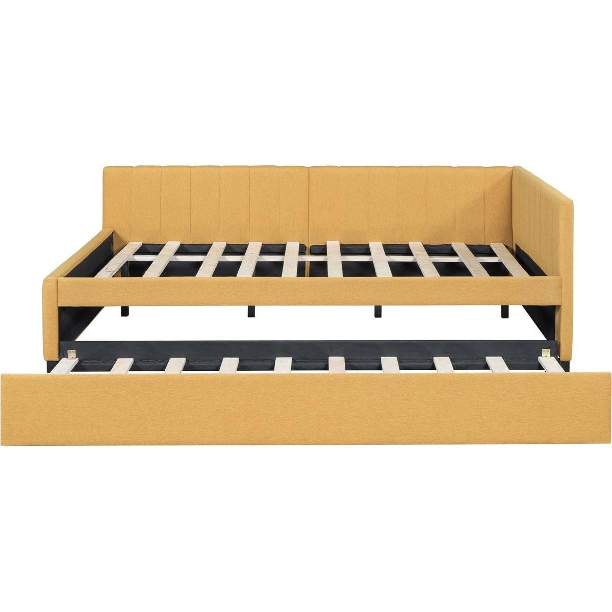 Full Size Upholstered Daybed with Trundle Sofa Bed Frame No Box Spring Needed, Linen Fabric(Yellow)
