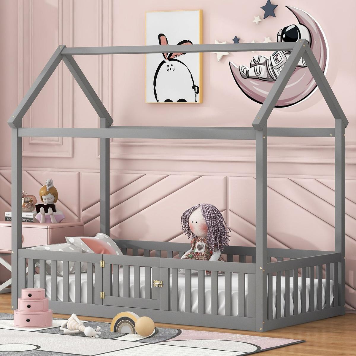 Twin Size Wood House Bed with Fence and Door, Gray