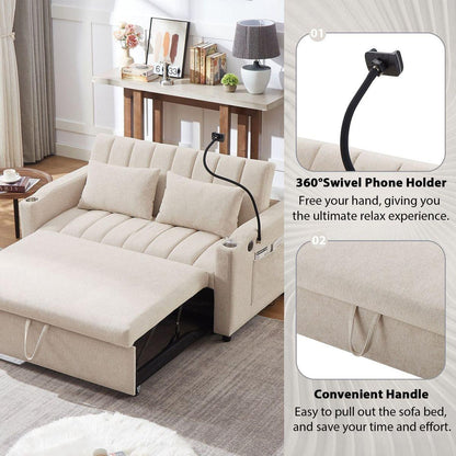 55.9" Convertible Sofa Bed Loveseat Sofa with Three USB Ports, Two Side Pockets, Two Cup Holders and 360Swivel Phone Holder for Living Room, Beige
