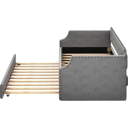 Upholstered Daybed with Trundle, Wood Slat Support,Upholstered Frame Sofa Bed, Twin,Gray