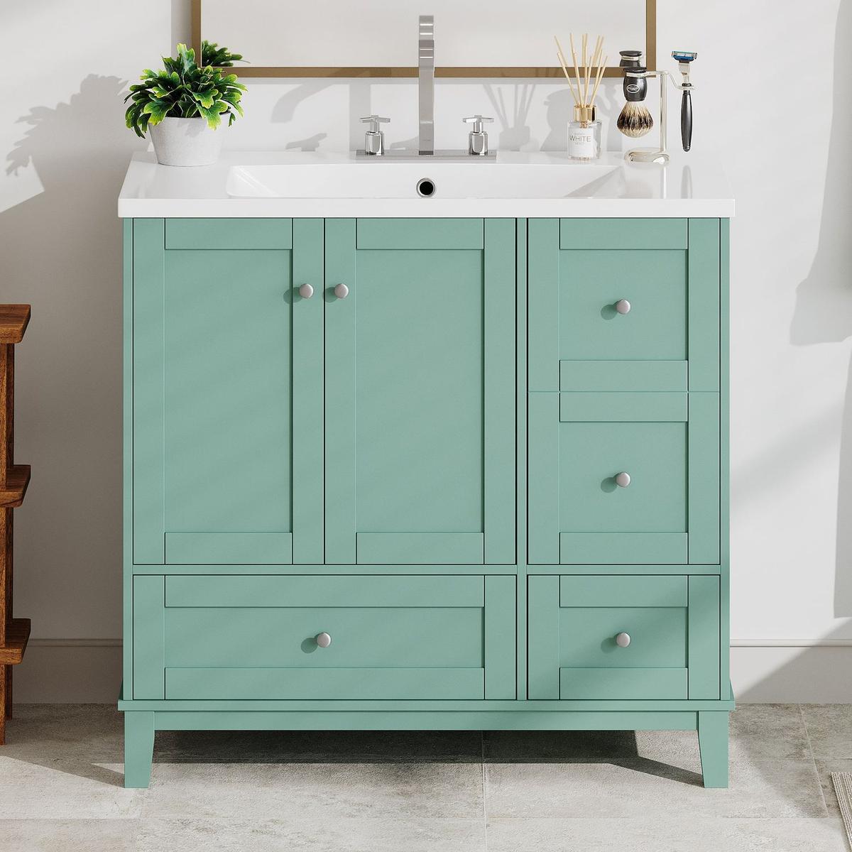 36 Inch Modern Bathroom Vanity with USB Charging, Two Doors and Three Drawers Bathroom Storage Vanity Cabinet, Small Bathroom Vanity cabinet with single sink, Green - Faucets Not Included