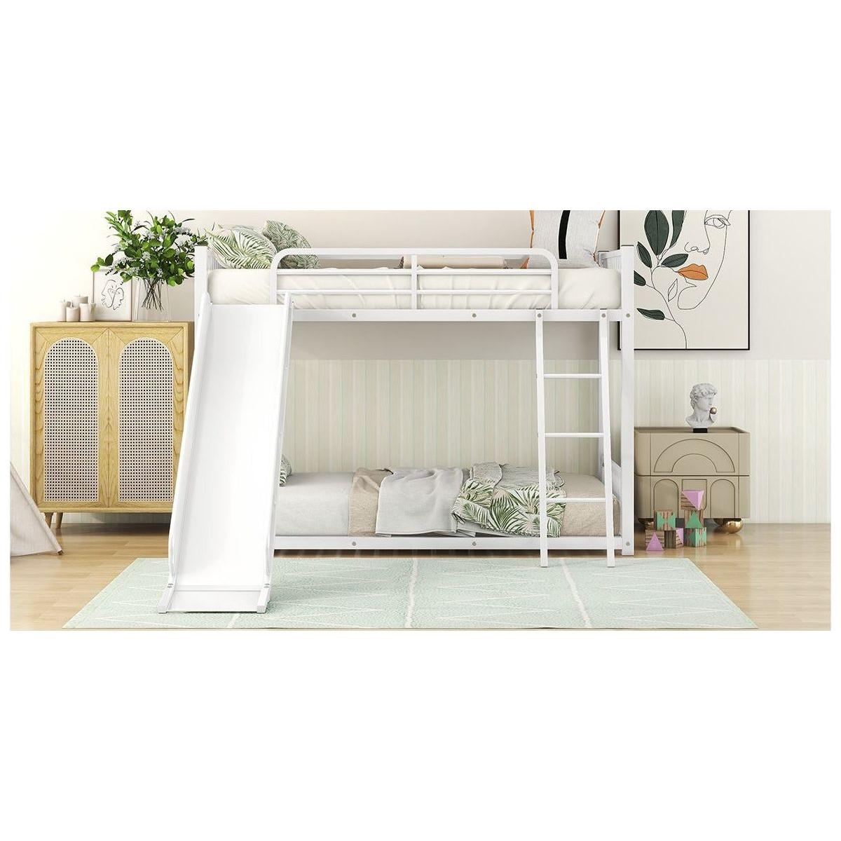 Metal Bunk Bed with Slide, Twin over Twin, White